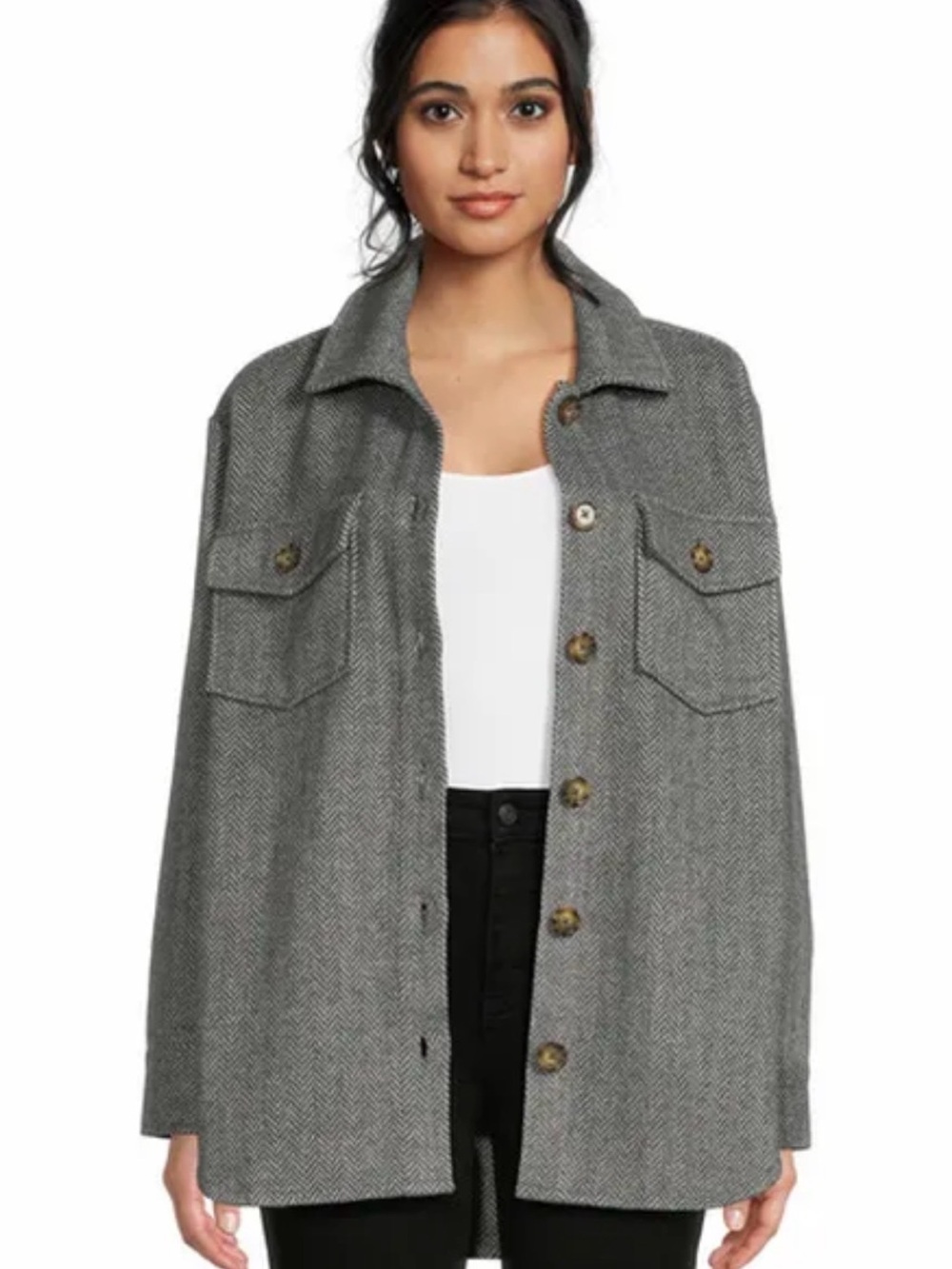 Women’s plus size Charcoal gray/heather Herringbone Button-Front Shacket.